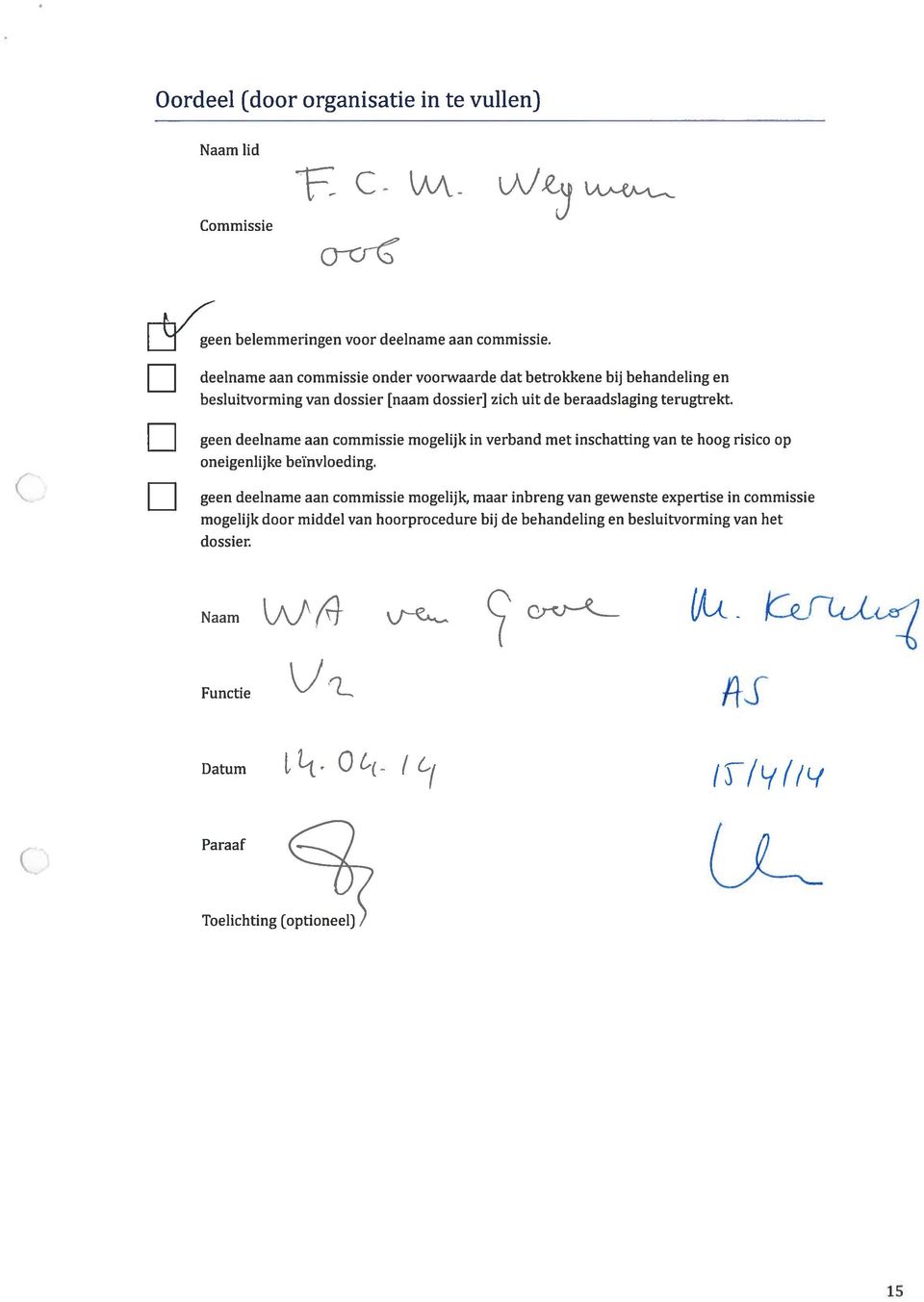 geen deelname aan commissie mogelijk in verband met inschatting van te hoog risico op oneigenlijke beïnvloeding.