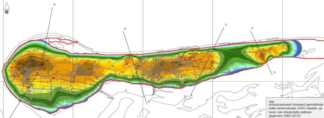 43 min NAP en in het smalle duingebied tussen de Kooiduinen en het Oerd mogelijk ondieper dan 10 m min NAP. De grootste verbreiding van zoet grondwater wordt gevonden in het duingebied van Nes-Buren.