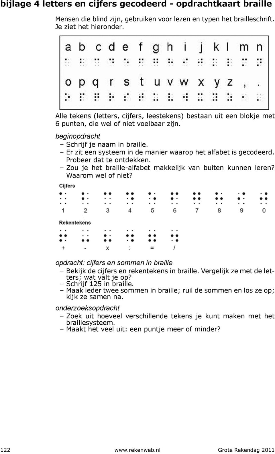 Er zit een systeem in de manier waarop het alfabet is gecodeerd. Probeer dat te ontdekken. Zou je het braille-alfabet makkelijk van buiten kunnen leren? Waarom wel of niet?