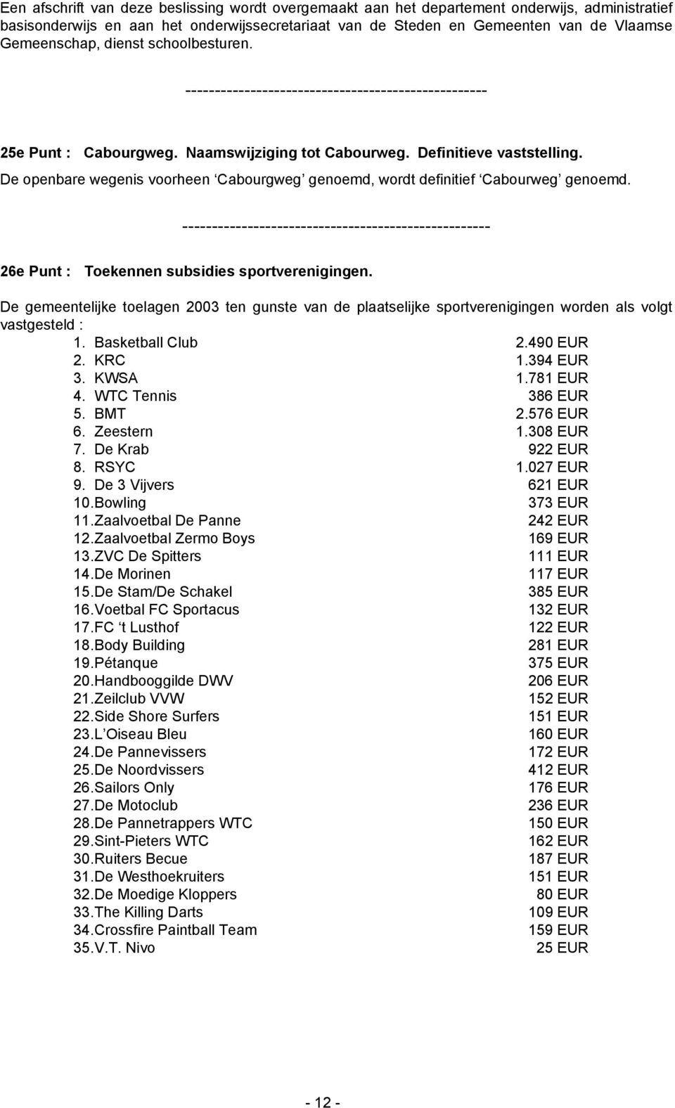26e Punt : Toekennen subsidies sportverenigingen. De gemeentelijke toelagen 2003 ten gunste van de plaatselijke sportverenigingen worden als volgt vastgesteld : 1. Basketball Club 2.490 EUR 2. KRC 1.