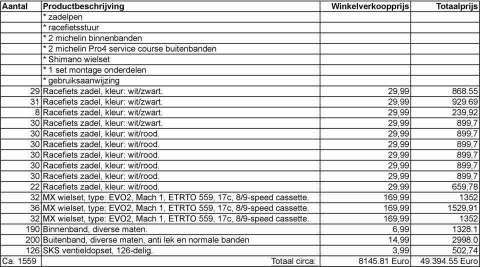 29,99 899,7 22 Racefiets zadel, kleur: wit/rood. 29,99 659,78 32 MX wielset, type: EVO2, Mach 1, ETRTO 559, 17c, 8/9-speed cassette.