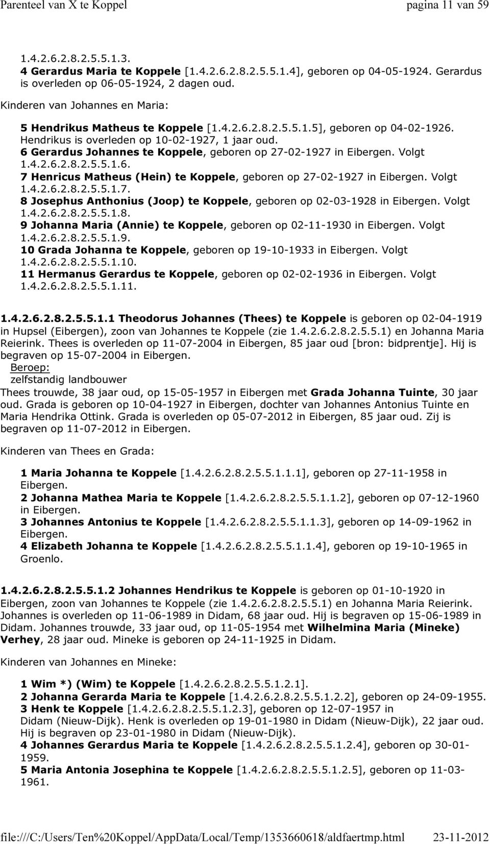 6 Gerardus Johannes te Koppele, geboren op 27-02-1927 in Eibergen. Volgt 1.4.2.6.2.8.2.5.5.1.6. 7 Henricus Matheus (Hein) te Koppele, geboren op 27-02-1927 in Eibergen. Volgt 1.4.2.6.2.8.2.5.5.1.7. 8 Josephus Anthonius (Joop) te Koppele, geboren op 02-03-1928 in Eibergen.