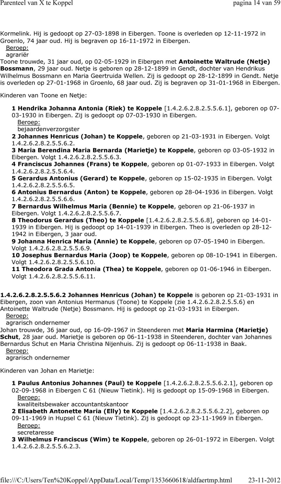 Netje is geboren op 28-12-1899 in Gendt, dochter van Hendrikus Wilhelmus Bossmann en Maria Geertruida Wellen. Zij is gedoopt op 28-12-1899 in Gendt.