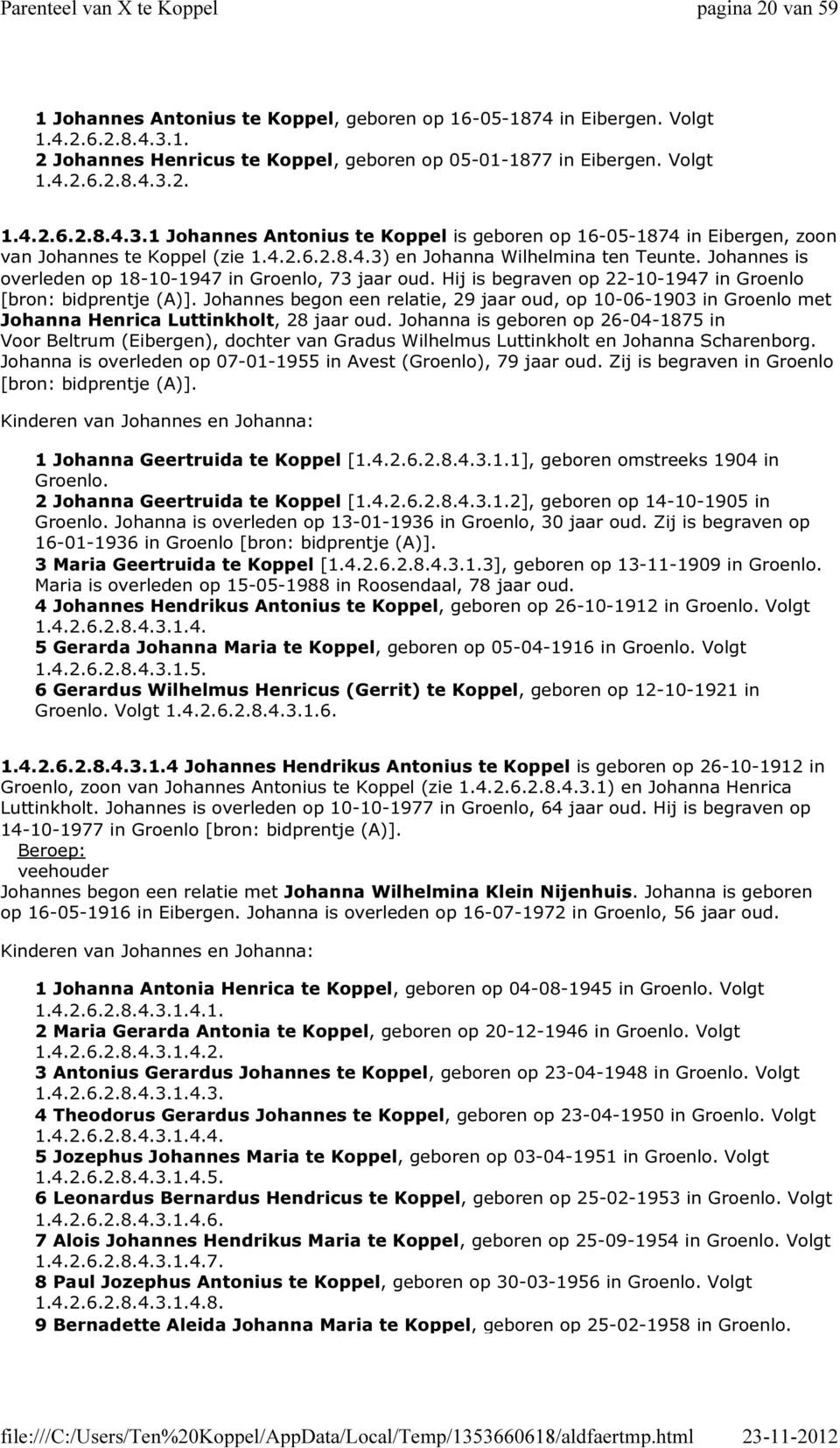 4.2.6.2.8.4.3) en Johanna Wilhelmina ten Teunte. Johannes is overleden op 18-10-1947 in Groenlo, 73 jaar oud. Hij is begraven op 22-10-1947 in Groenlo [bron: bidprentje (A)].