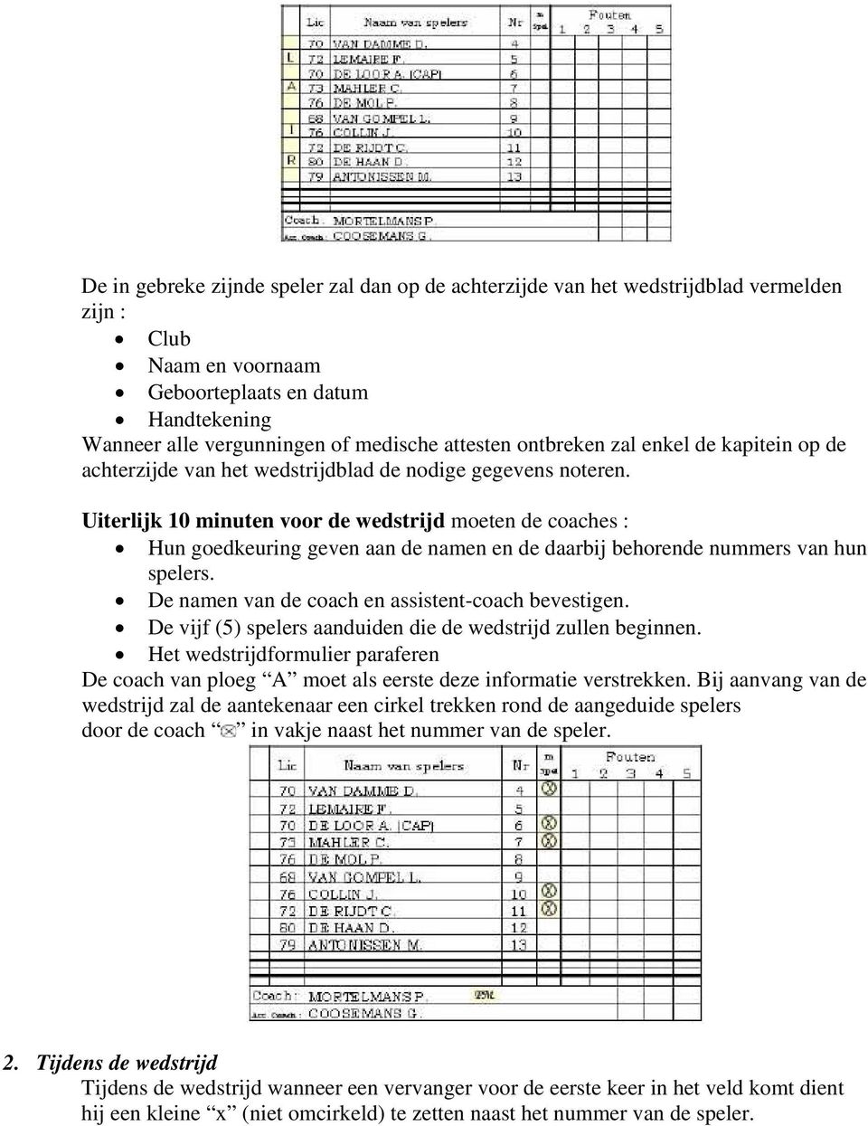 Uiterlijk 10 minuten voor de wedstrijd moeten de coaches : Hun goedkeuring geven aan de namen en de daarbij behorende nummers van hun spelers. De namen van de coach en assistent-coach bevestigen.