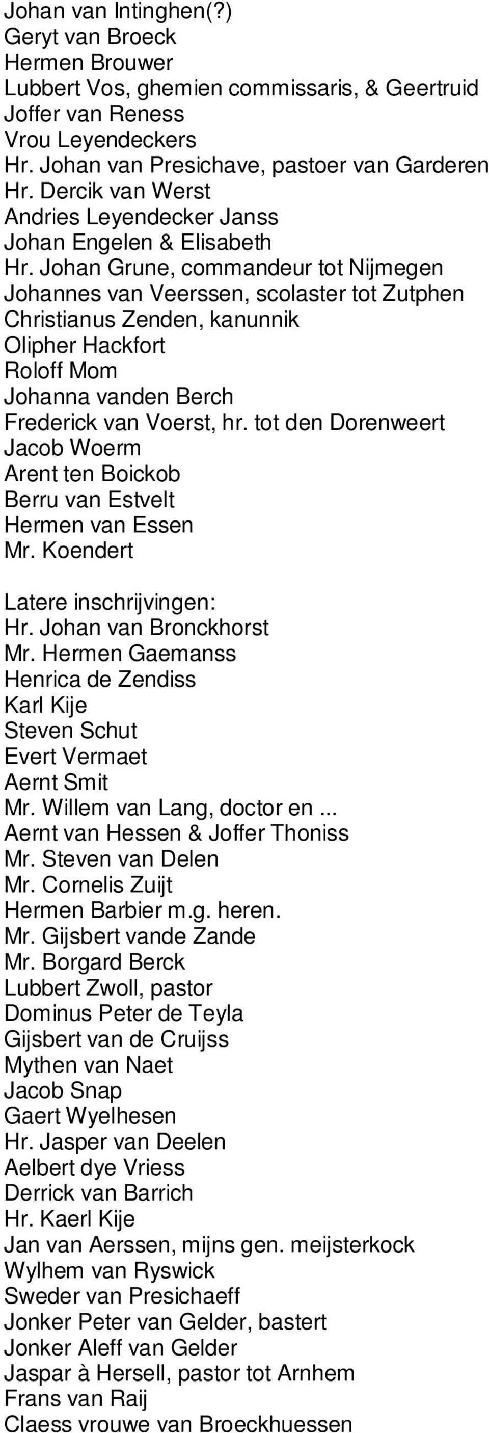 Johan Grune, commandeur tot Nijmegen Johannes van Veerssen, scolaster tot Zutphen Christianus Zenden, kanunnik Olipher Hackfort Roloff Mom Johanna vanden Berch Frederick van Voerst, hr.