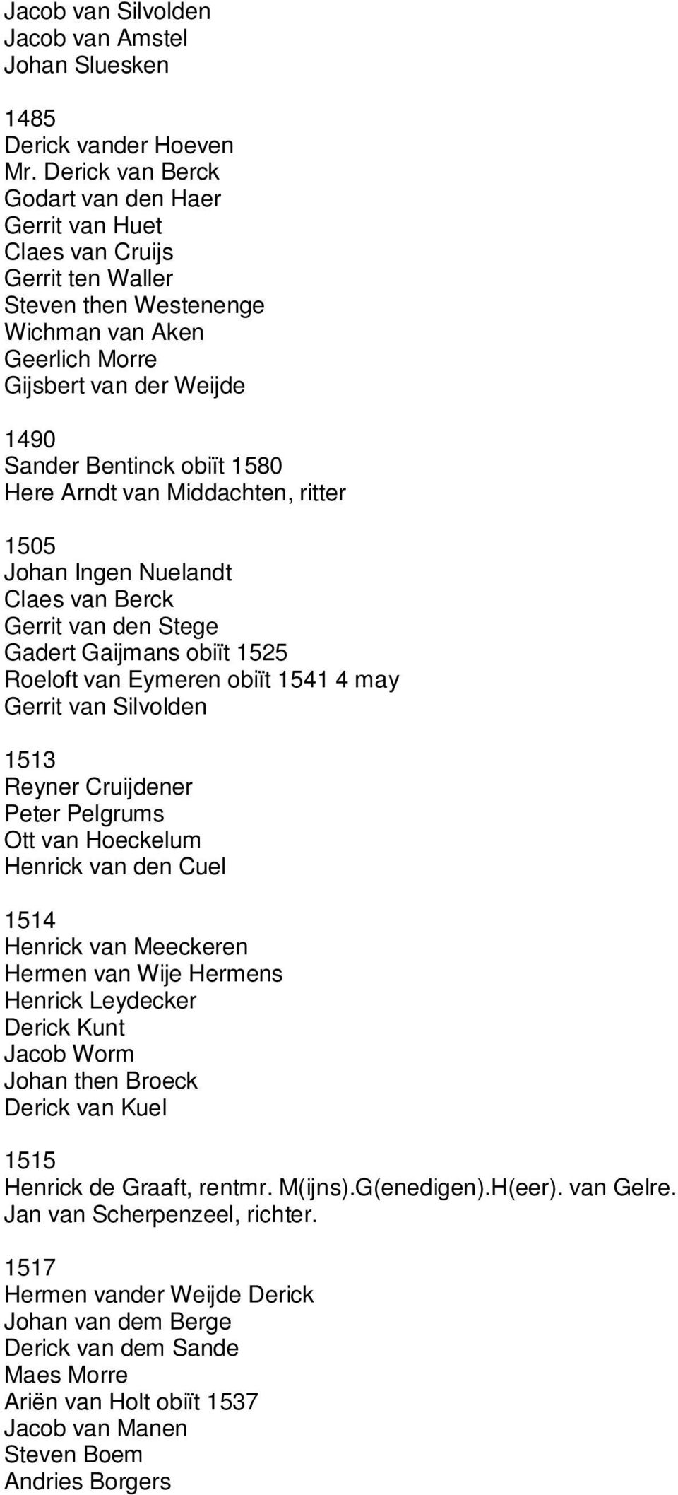 Here Arndt van Middachten, ritter 1505 Johan Ingen Nuelandt Claes van Berck Gerrit van den Stege Gadert Gaijmans obiït 1525 Roeloft van Eymeren obiït 1541 4 may Gerrit van Silvolden 1513 Reyner