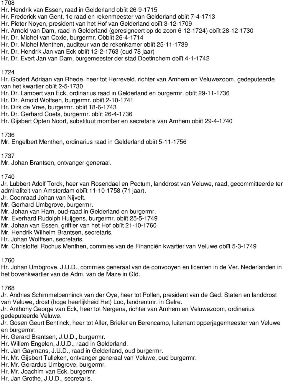 Obbiït 26-4-1714 Hr. Dr. Michel Menthen, auditeur van de rekenkamer obiït 25-11-1739 Hr. Dr. Hendrik Jan van Eck obiït 12-2-1763 (oud 78 jaar) Hr. Dr. Evert Jan van Dam, burgemeester der stad Doetinchem obiït 4-1-1742 1724 Hr.