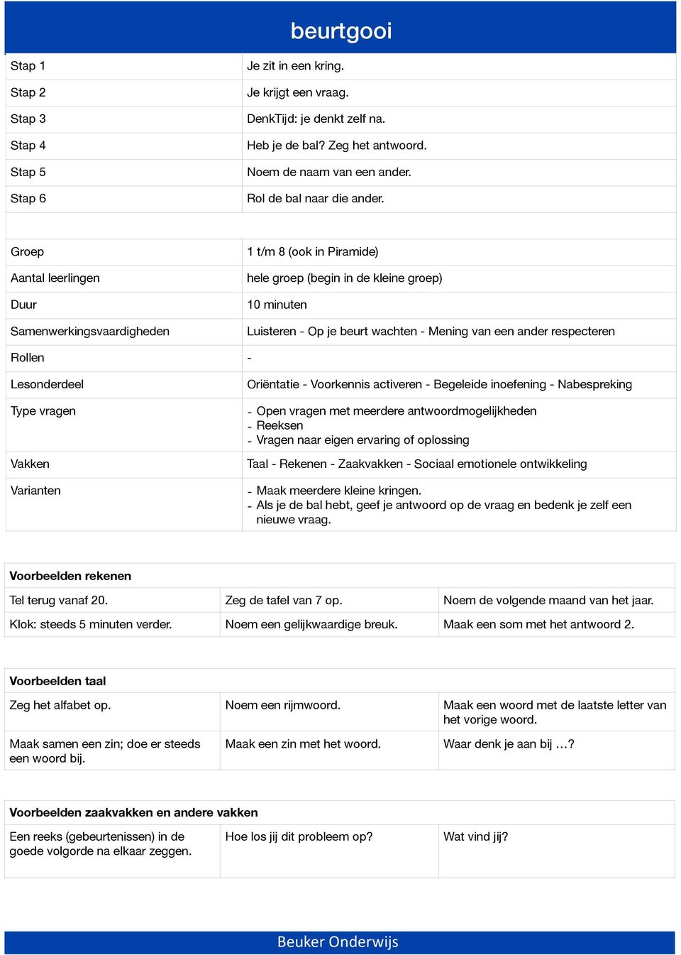 Begeleide inoefening - Nabespreking - Open vragen met meerdere antwoordmogelijkheden - Reeksen - Vragen naar eigen ervaring of oplossing - Sociaal emotionele ontwikkeling - Maak meerdere kleine