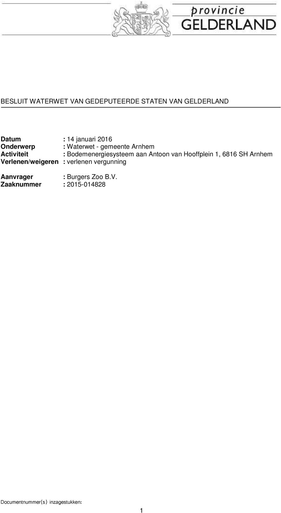 Antoon van Hooffplein 1, 6816 SH Arnhem Verlenen/weigeren : verlenen vergunning