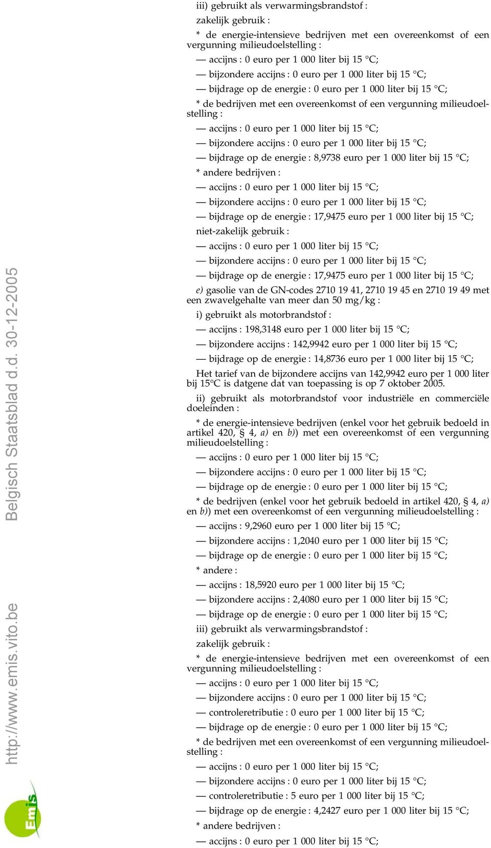 energie 17,9475 euro per 1 000 liter bij 15 C; niet-zakelijk gebruik bijdrage op de energie 17,9475 euro per 1 000 liter bij 15 C; e) gasolie van de GN-codes 2710 19 41, 2710 19 45 en 2710 19 49 met