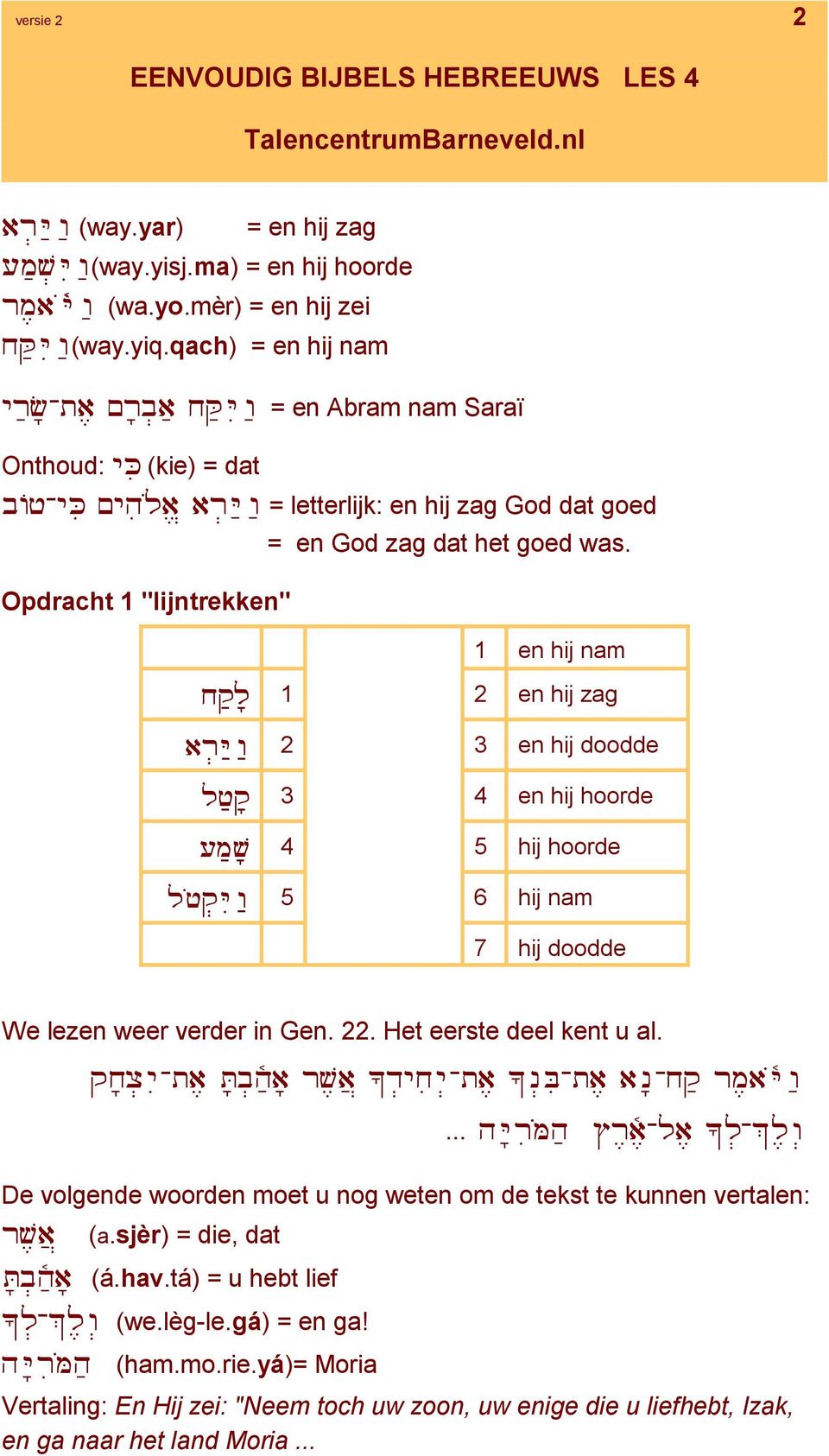 Opdracht 1 "lijntrekken" 1 en hij nam xq-lf 1 2 en hij zag ar:y-v- 2 3 en hij doodde lu-qf 3 4 en hij hoorde im-wf 4 5 hij hoorde louq: YI v- 5 6 hij nam 7 hij doodde We lezen weer verder in Gen. 22.