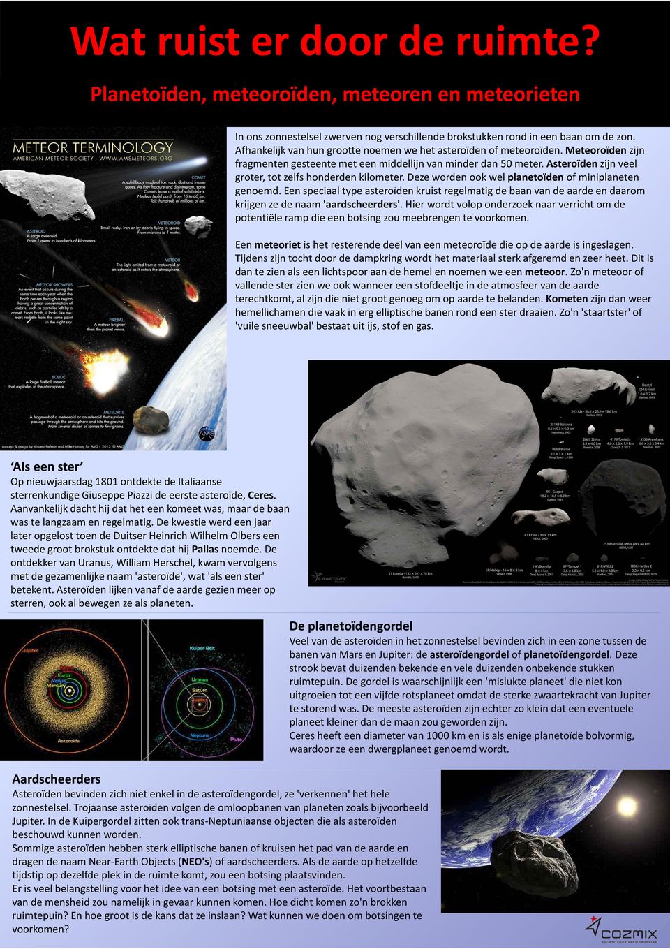 Asteroïden zijn veel groter, tot zelfs honderden kilometer. Deze worden ook wel planetoïden of miniplaneten genoemd.