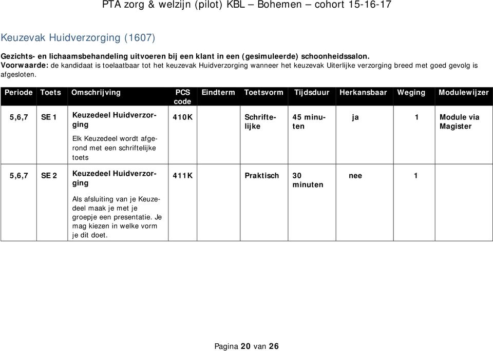 Periode Toets Omschrijving PCS code Eindterm Toetsvorm Tijdsduur Herkansbaar Weging Modulewijzer 5,6,7 SE 1 Keuzedeel Huidverzorging 410K Schriftelijke ja 1 Module via Magister