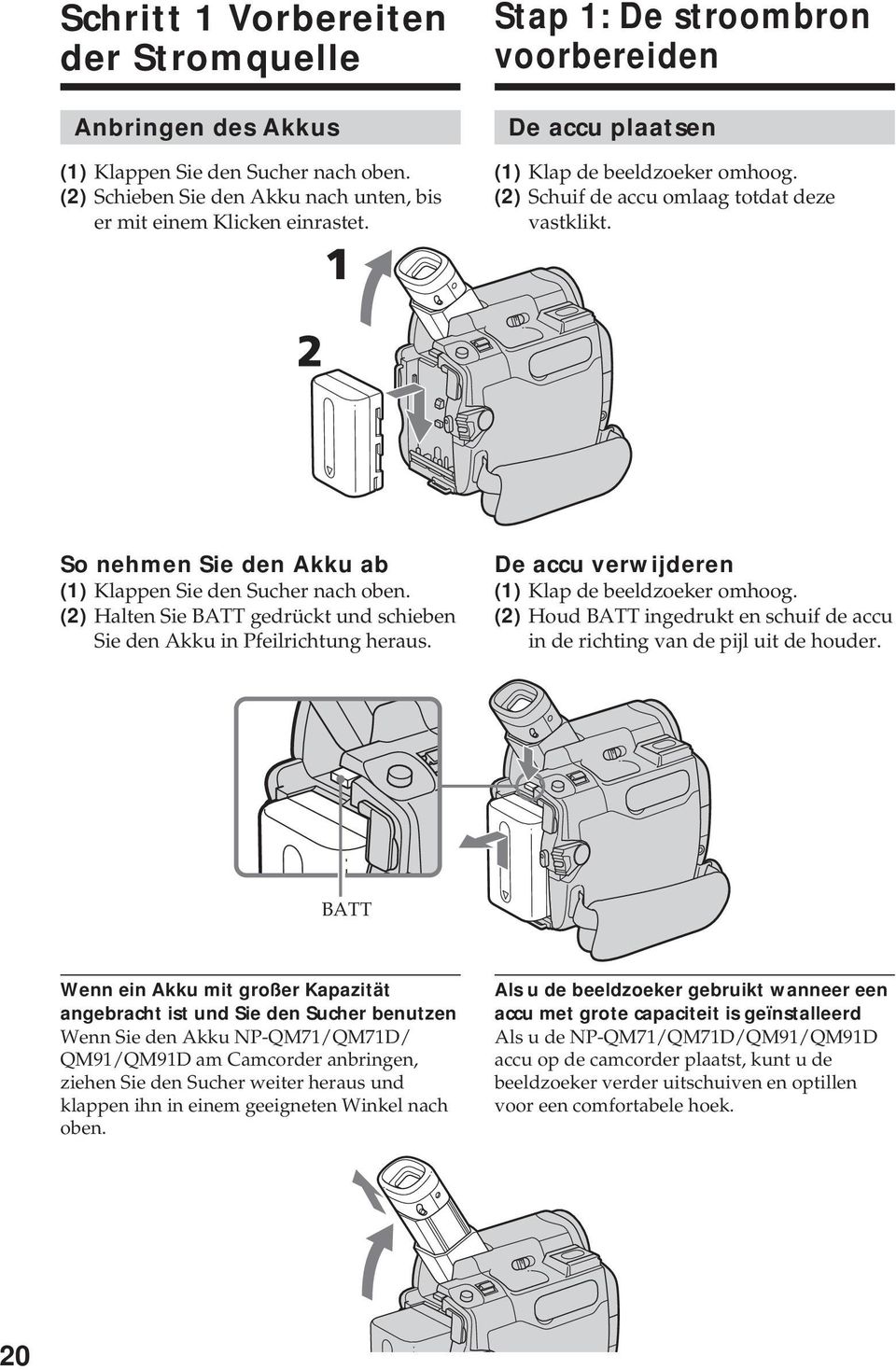 So nehmen Sie den Akku ab (1) Klappen Sie den Sucher nach oben. (2) Halten Sie BATT gedrückt und schieben Sie den Akku in Pfeilrichtung heraus. De accu verwijderen (1) Klap de beeldzoeker omhoog.