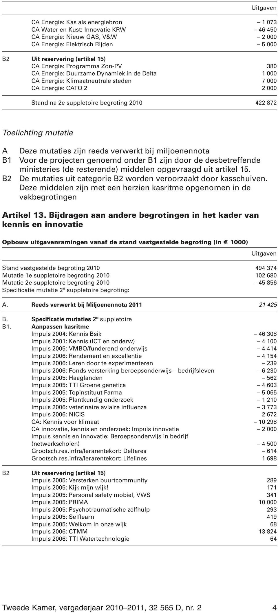 reeds verwerkt bij miljoenennota Voor de projecten genoemd onder B1 zijn door de desbetreffende ministeries (de resterende) middelen opgevraagd uit artikel 15.