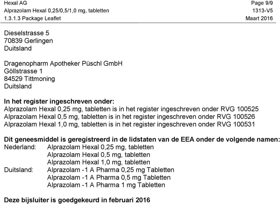 ingeschreven onder RVG 100531 Dit geneesmiddel is geregistreerd in de lidstaten van de EEA onder de volgende namen: Nederland: Alprazolam Hexal 0,25 mg, tabletten Alprazolam Hexal 0,5 mg, tabletten