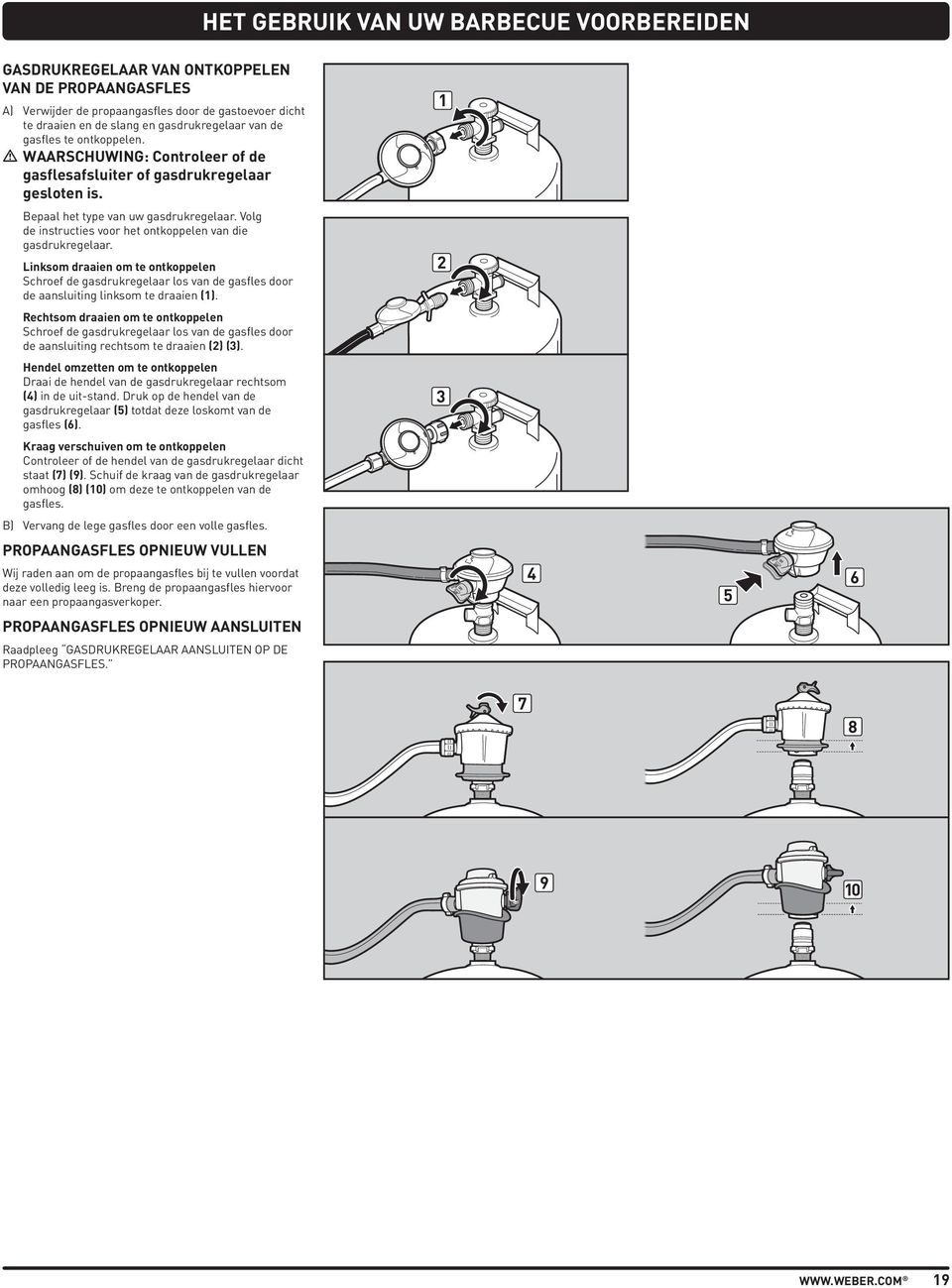 Volg de instructies voor het ontkoppelen van die gasdrukregelaar. Linksom draaien om te ontkoppelen Schroef de gasdrukregelaar los van de gasfles door de aansluiting linksom te draaien ().