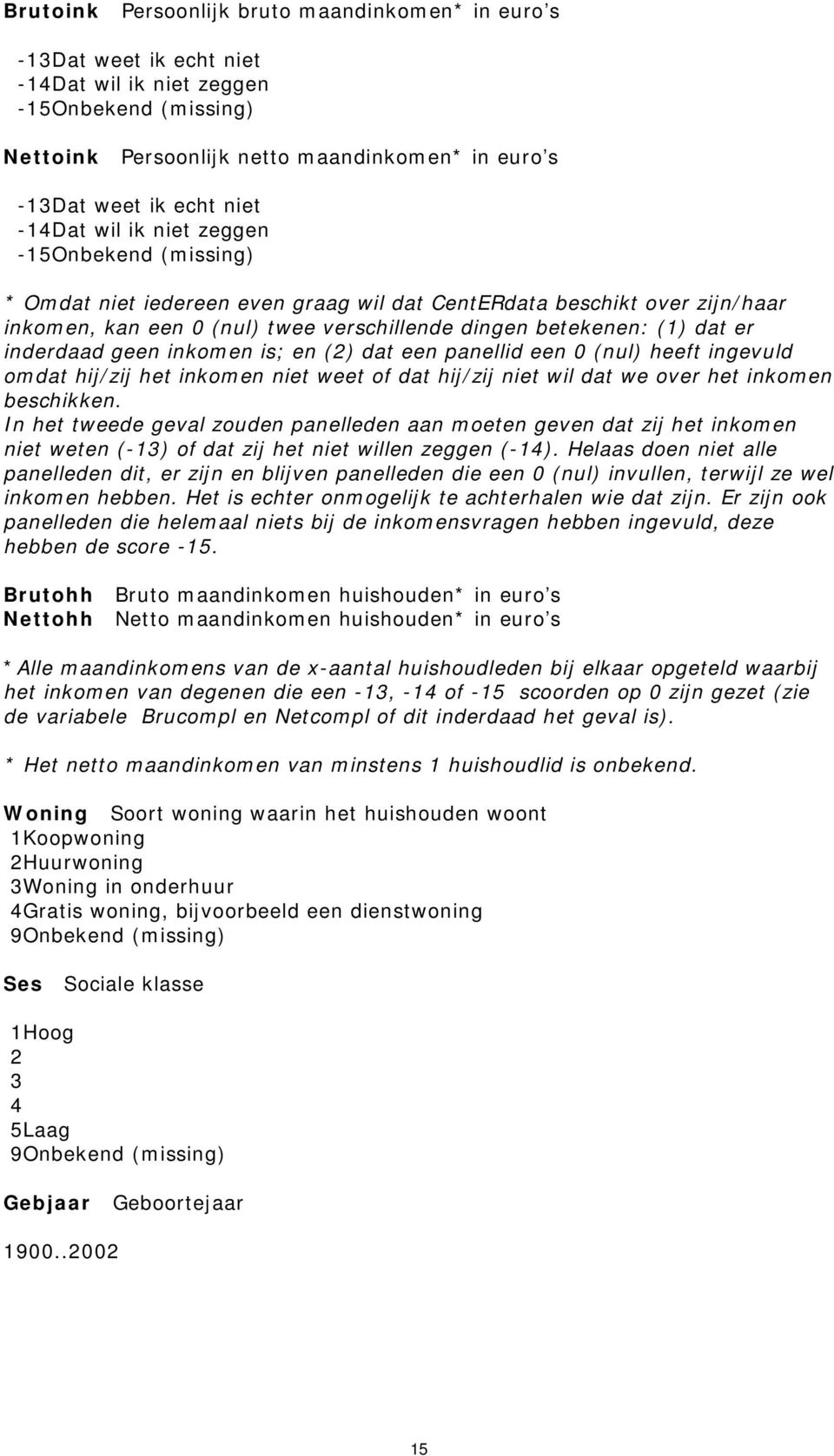 inderdaad geen inkomen is; en (2) dat een panellid een 0 (nul) heeft ingevuld omdat hij/zij het inkomen niet weet of dat hij/zij niet wil dat we over het inkomen beschikken.