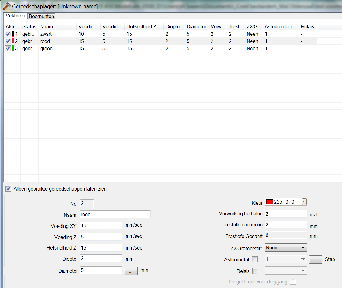 NC TECHNIEK INFO CNC BESTURING 5 Gereedschapplaats Ga nu naar gereedschapplaats Stel nu alle kleuren een voor een in door ze aan te klikken, in dit geval rood: Voeding XY Is de loopsnelheid in dit