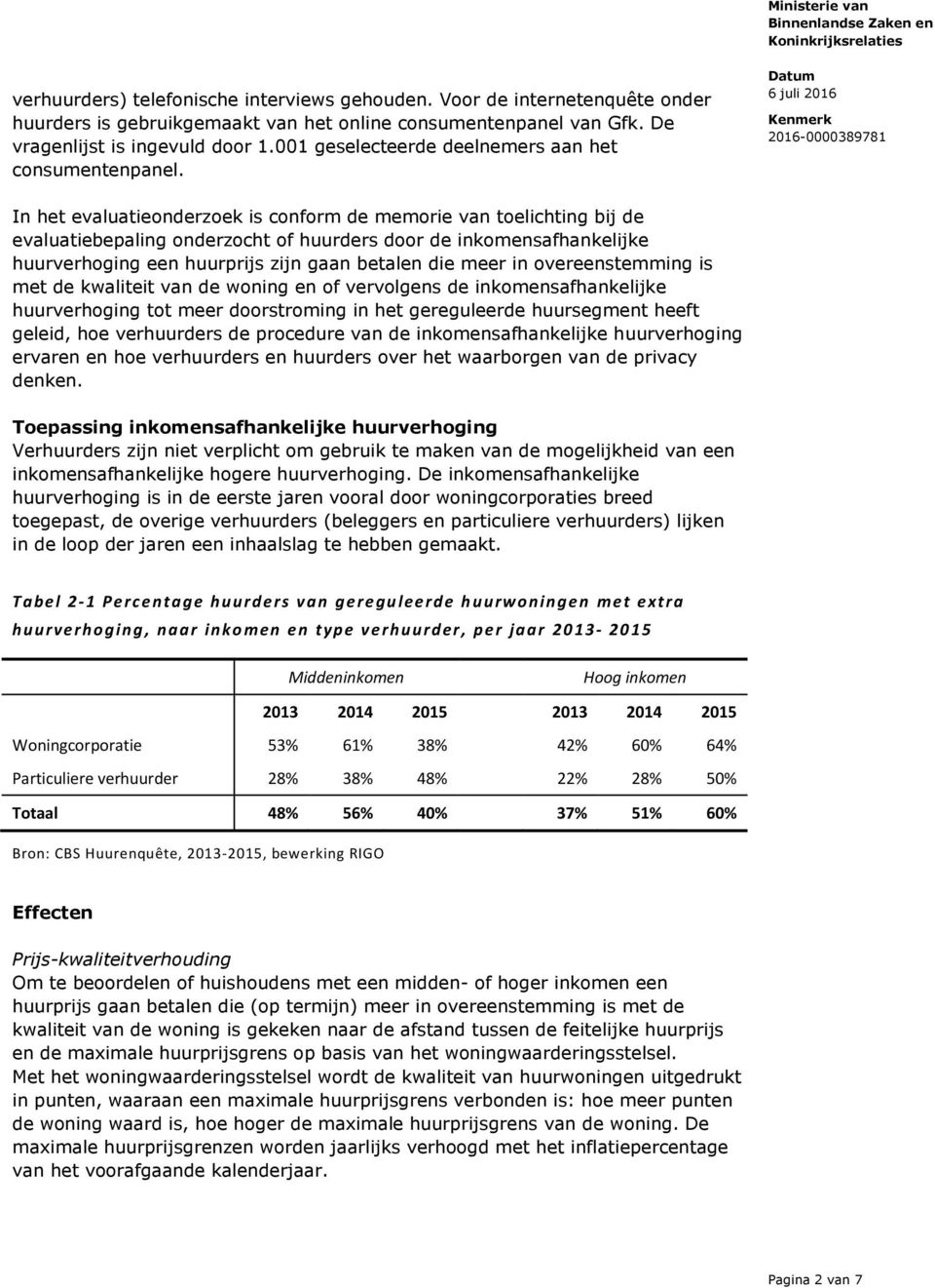 In het evaluatieonderzoek is conform de memorie van toelichting bij de evaluatiebepaling onderzocht of huurders door de inkomensafhankelijke huurverhoging een huurprijs zijn gaan betalen die meer in