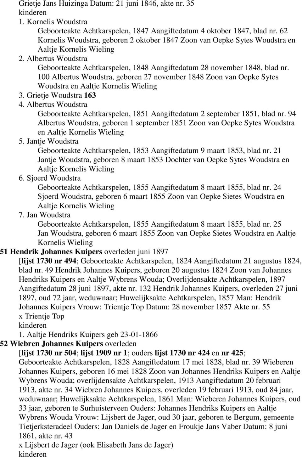 100 Albertus Woudstra, geboren 27 november 1848 Zoon van Oepke Sytes Woudstra en Aaltje Kornelis Wieling 3. Grietje Woudstra 163 4.