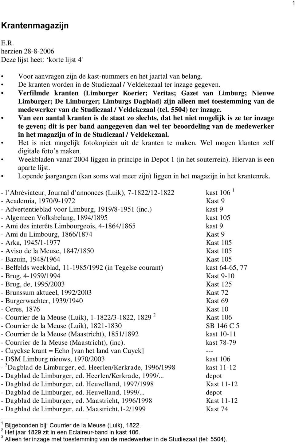 Verfilmde kranten (Limburger Koerier; Veritas; Gazet van Limburg; Nieuwe Limburger; De Limburger; Limburgs Dagblad) zijn alleen met toestemming van de medewerker van de Studiezaal / Veldekezaal (tel.