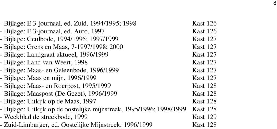 Bijlage: Land van Weert, 1998 Kast 127 - Bijlage: Maas- en Geleenbode, 1996/1999 Kast 127 - Bijlage: Maas en mijn, 1996/1999 Kast 127 - Bijlage: Maas- en Roerpost, 1995/1999 Kast