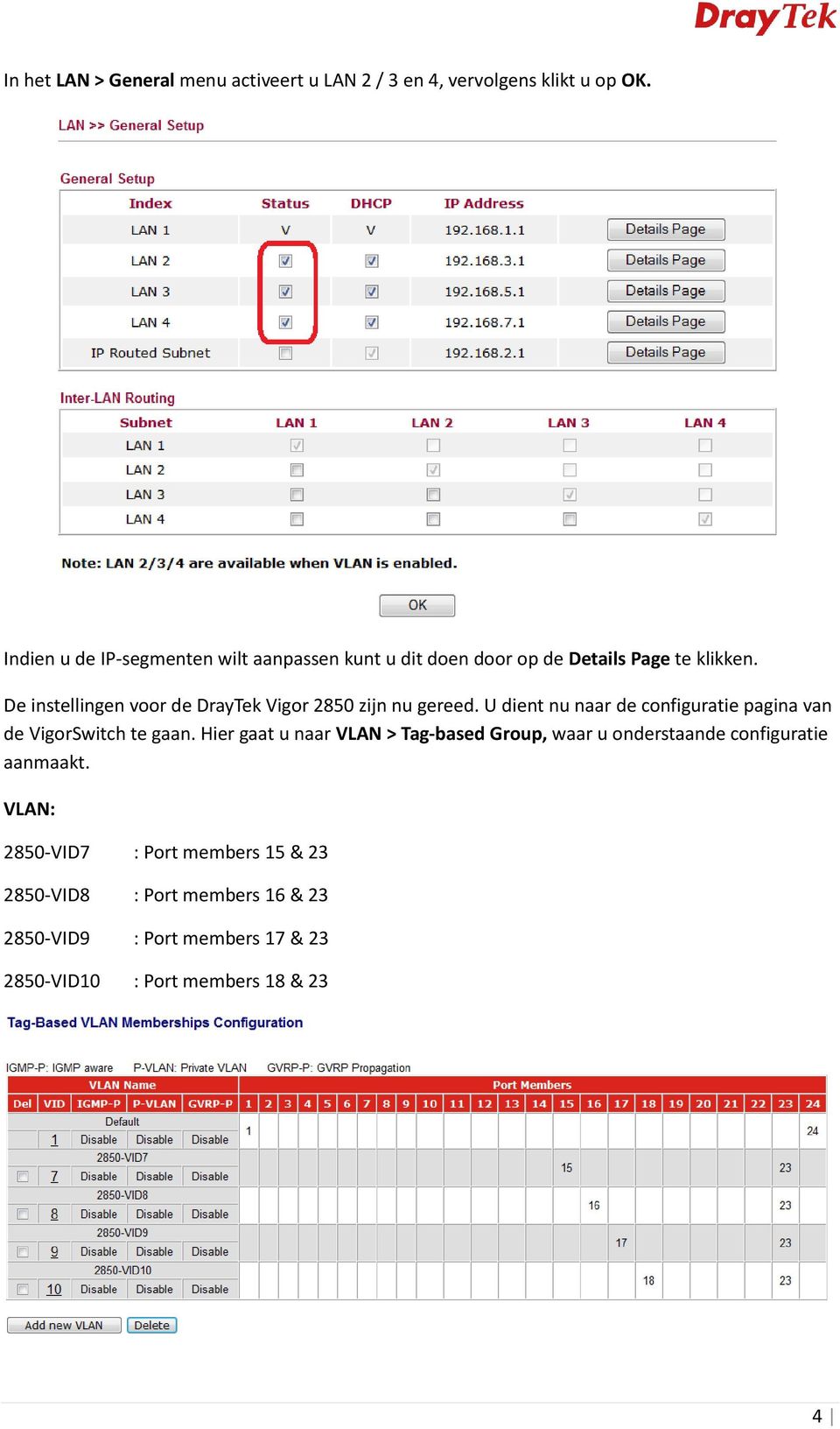 De instellingen voor de DrayTek Vigor 2850 zijn nu gereed. U dient nu naar de configuratie pagina van de VigorSwitch te gaan.