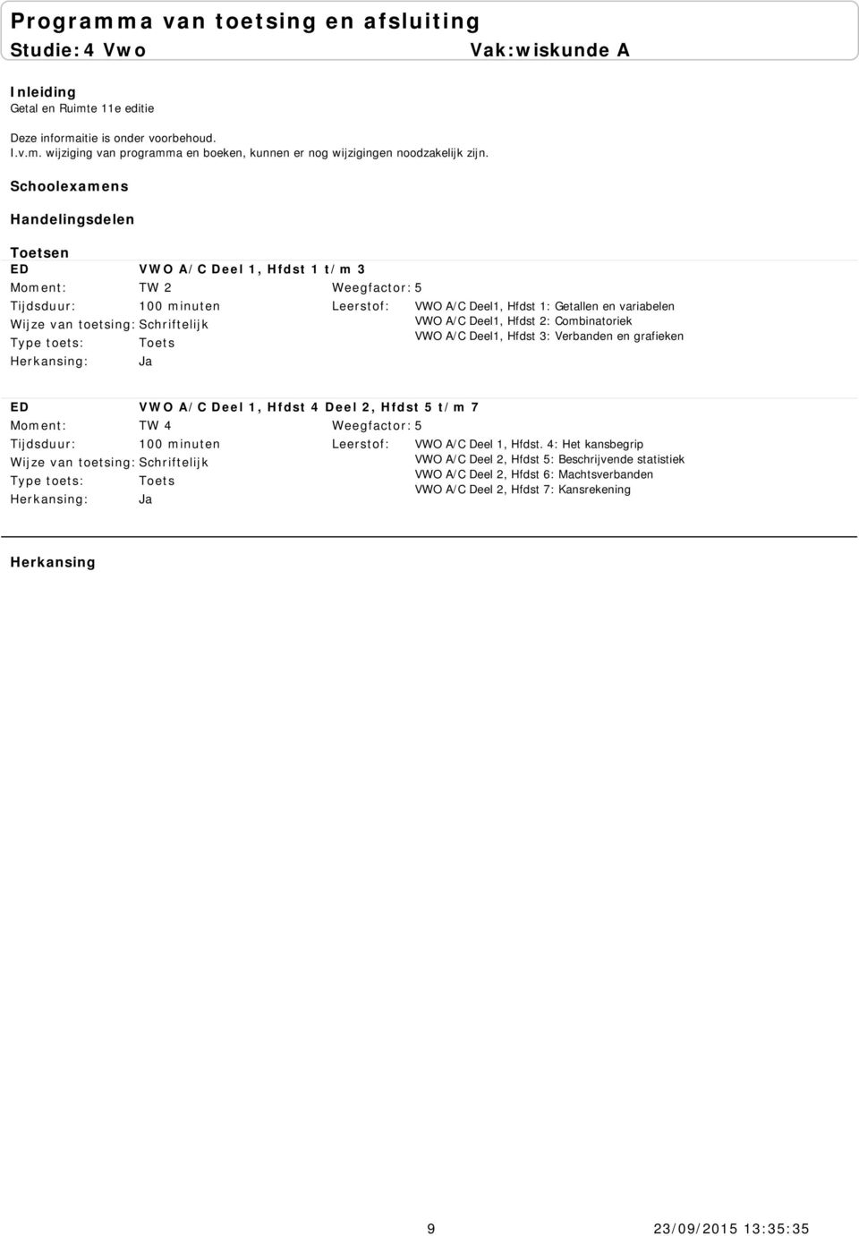 3: Verbanden en grafieken VWO A/C Deel 1, Hfdst 4 Deel 2, Hfdst 5 t/m 7 TW 4 VWO A/C Deel 1, Hfdst.