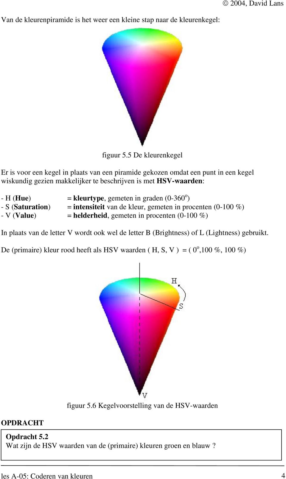 gemeten in graden (0-360 o ) - S (Saturation) = intensiteit van de kleur, gemeten in procenten (0-100 %) - V (Value) = helderheid, gemeten in procenten (0-100 %) In plaats van de letter V wordt