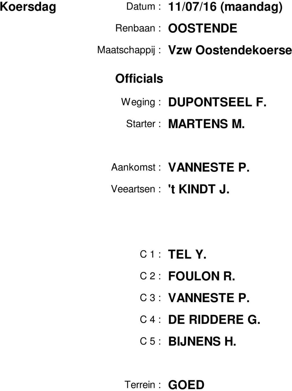 Aankomst : VANNESTE P. Veeartsen : 't KINDT J. C 1 : TEL Y.