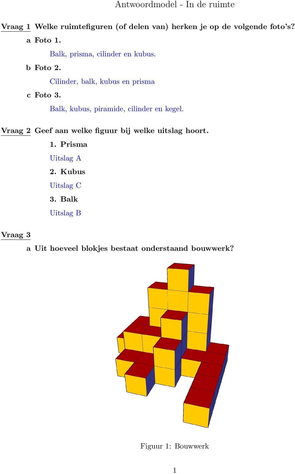 Balk, kubus, piramide, cilinder en kegel. Vraag 2 Geef aan welke figuur bij welke uitslag hoort. 1.