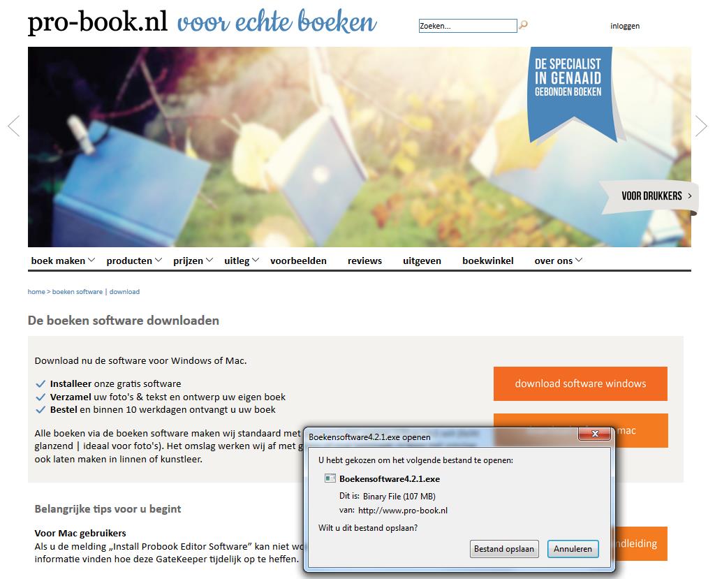 1. Downloaden en installeren Klik op de knop Download software Windows of Download Software Apple. Nu verschijnt de pop-up Boekensoftware 4.2.1.exe (voor Windows gebruikers) of Boekensoftware2.