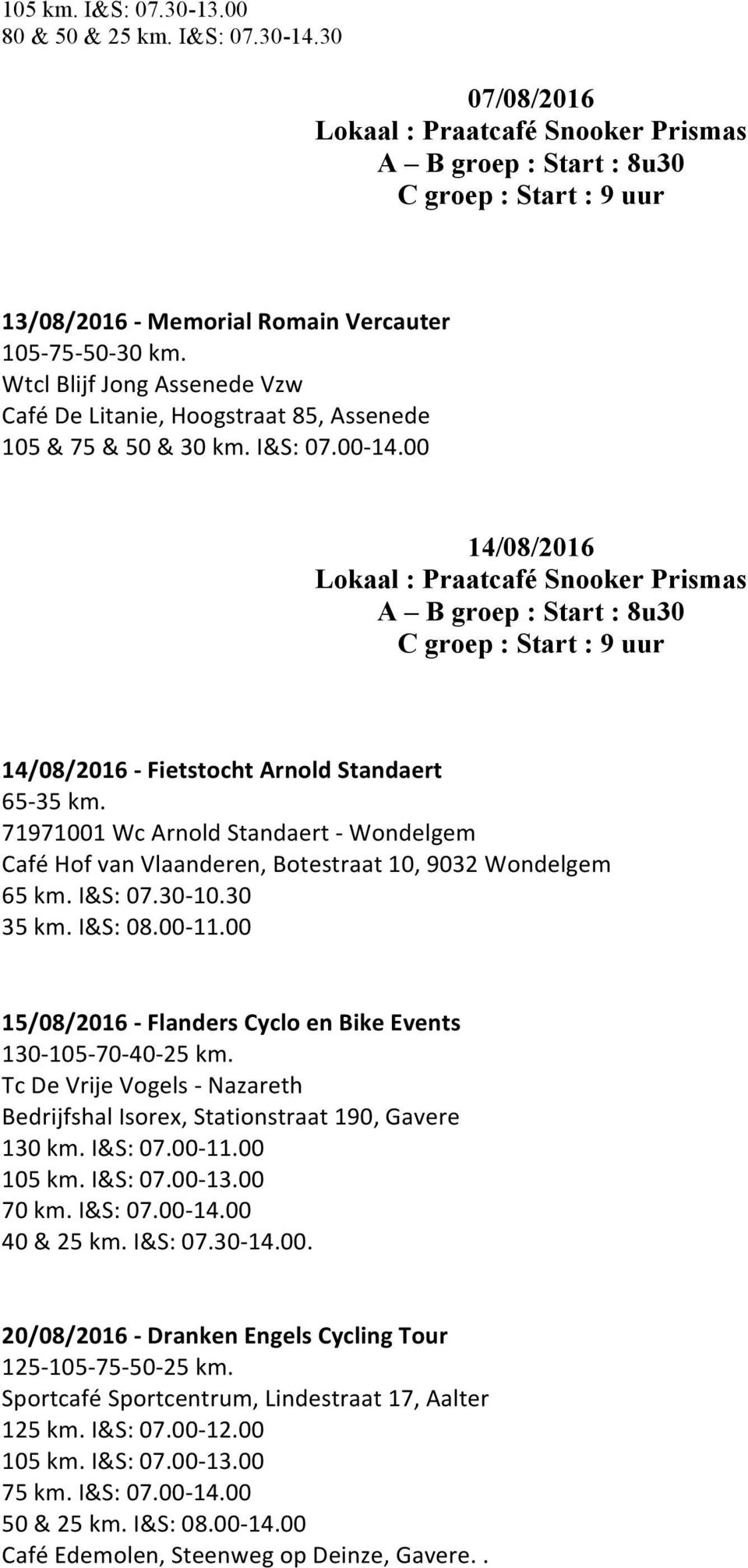 71971001 Wc Arnold Standaert - Wondelgem Café Hof van Vlaanderen, Botestraat 10, 9032 Wondelgem 65 km. I&S: 07.30-10.30 35 km. I&S: 08.00-11.