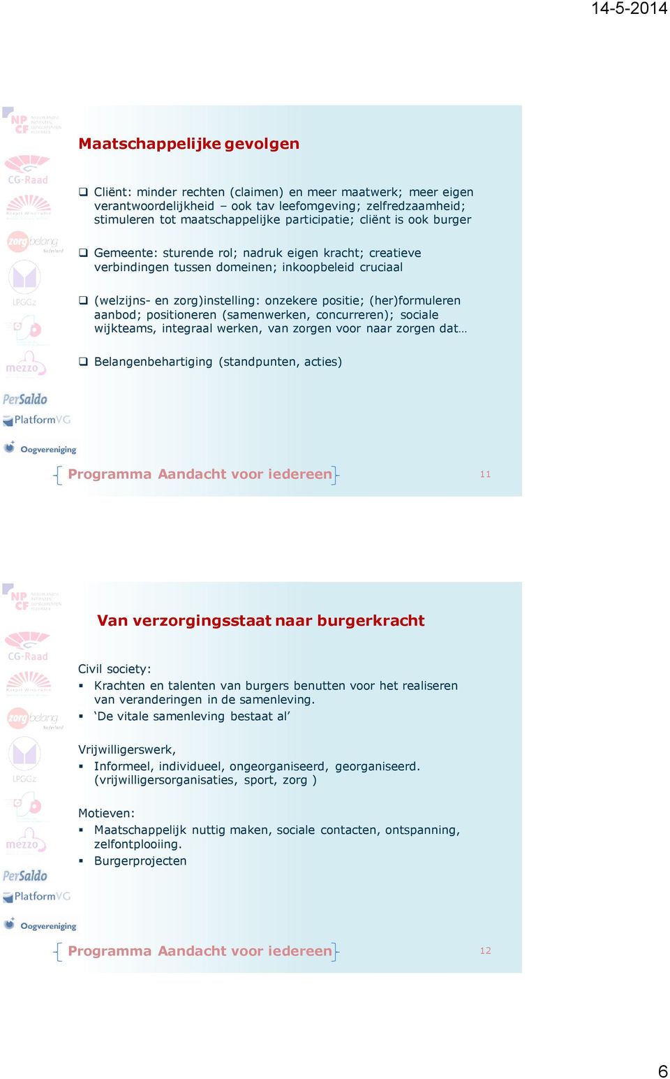 aanbod; positioneren (samenwerken, concurreren); sociale wijkteams, integraal werken, van zorgen voor naar zorgen dat Belangenbehartiging (standpunten, acties) 11 Van verzorgingsstaat naar