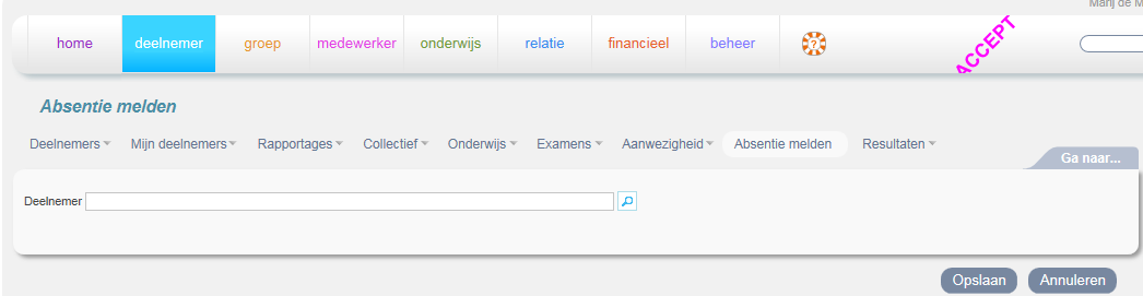 2. Registratie en verzuim 2.1. Een enkele absentiemelding 2.1.1. Absentie invoeren door receptionisten en Administratie Deelnemer > Absentie melden Vul een studentnummer, (deel van) achternaam of geboortedatum (ddmmjjjj)) in.