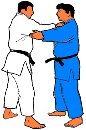 ASHI-GARAMI Zowel Uke als Tori komen tegelijk overeind in staande positie. Beide stappen ze vooruit met een halve pas rechts en pakken gelijktijdig vast met een basispakking.