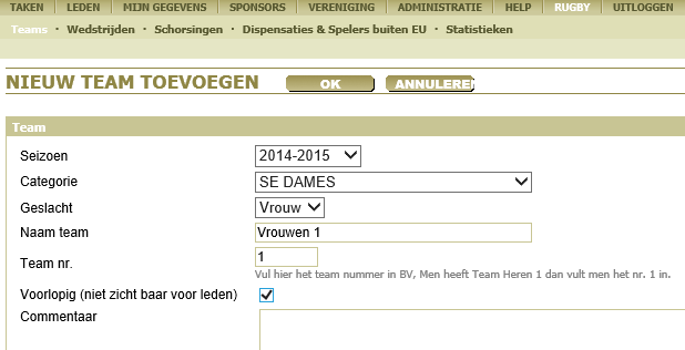 Wedstrijdsecretaris Login met je inloggegevens op: www.erugby.nl en klik op rugby Teams - nieuw team aanmaken (geldt NIET voor clusterteams; zie hiervoor pag.