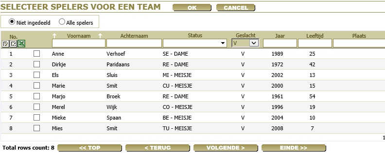 Spelers toevoegen aan een team. Zodra het team is aangemaakt kan men spelers toevoegen klik op de naam van het team. Men ziet het volgende scherm, klik rechts op selecteer spelers.