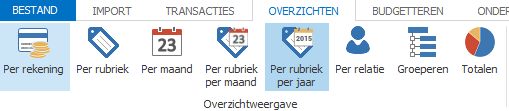 Om het venster Overzichten Per relatie te openen, klikt u in het menu op het tabblad OVERZICHTEN en vervolgens op de knop [Per relatie].