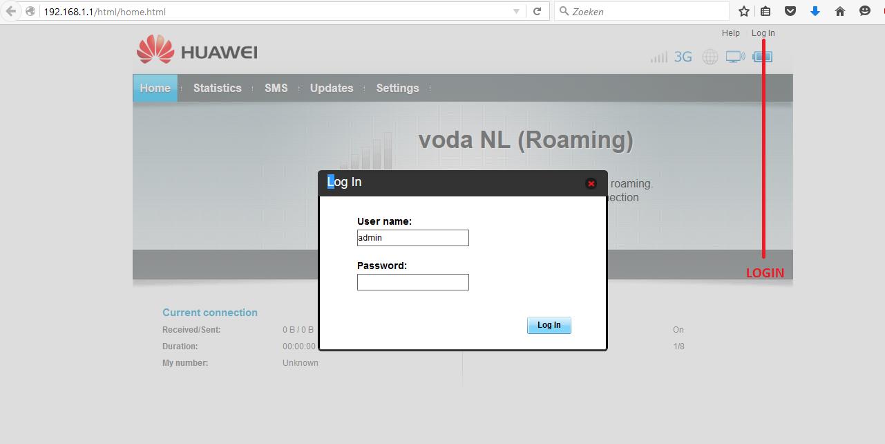 Klik op login en vul vervolgens de standaard login gegevens in van uw Mifi (Username: admin