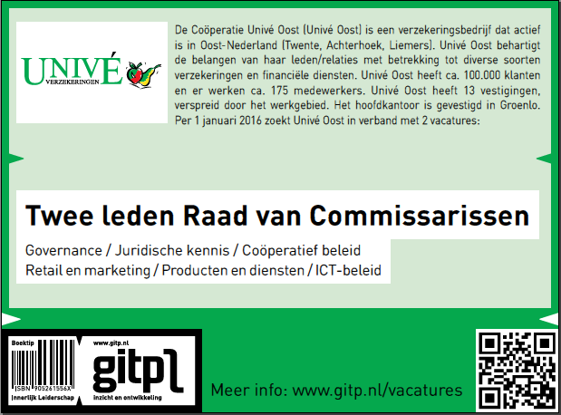 Advertentie > 6 van 7 Internettekst Organisatie De Coöperatie Univé Oost (Univé Oost) is een verzekeringsbedrijf dat actief is in Oost-Nederland (Twente, Achterhoek, Liemers).