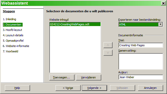 Afbeelding 3: Pagina Inleiding van het dialoogvenster Webassistent 2) Onderaan het dialoogvenster ziet u Kies instellingen voor de webassistent.