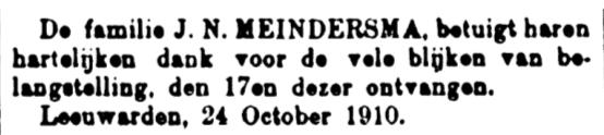 ~ 25 ~ XII. Johannes Nicolaas MEINDERSMA Geboren op maandag 25 december 1826 in Leeuwarden. Johannes is overleden op vrijdag 21 november 1913 in Leeuwarden, 86 jaar oud.