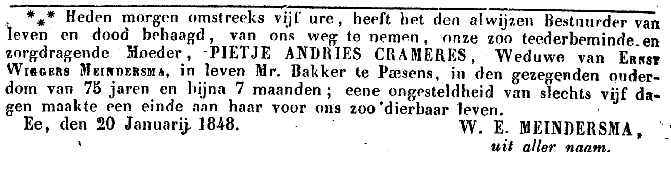 ~ 32 ~ IX. Ernst Wiggers MEINDERTS Geboren op maandag 23 mei 1768 in Paesens. Hij is gedoopt op donderdag 5 mei 1768 in Paesens. Ernst is overleden op maandag 26 september 1768, 4 maanden oud.