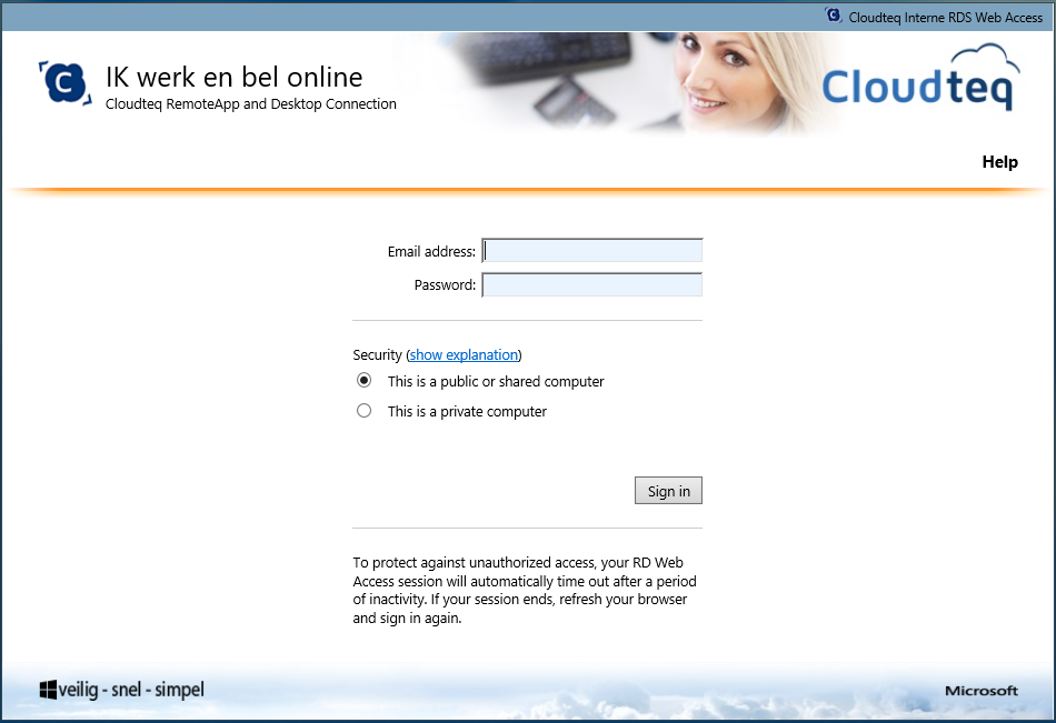 Inloggen op Cloudteq Basic op kantoor Als u vanaf een Windows werkplek werkt zorg dan dat u werkt met Internet Explorer. Open in uw webbrowser https://werkplek.cloudteq.