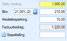 4 Werken met de kredietbeperking Kredietbeperking is een percentage van het goederenbedrag dat opgeteld wordt bij het factuurbedrag.