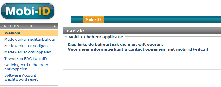 Via Mijn Mobi-ID is de Beheer applicatie actief geworden en te starten: Via deze Beheer applicatie kunt u o.a.: Gebruikers uitnodigen om een Mobi-ID aan te maken of een bestaand Mobi-ID te koppelen