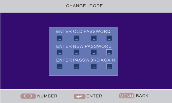 ENTER OLD PASSWORD. :Toets de oude pincode in. ENTER NEW PASSWORD. Toets 0-9 getallen om een nieuwe code in te voeren. ENTER PASSWORD AGAIN.